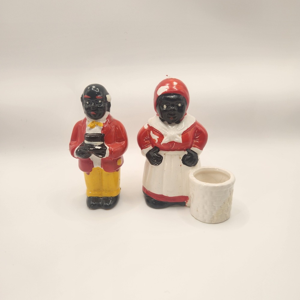 Vintage Ceramic Mammy and Chef Salt and Pepper Shakers Red White Yellow Set
